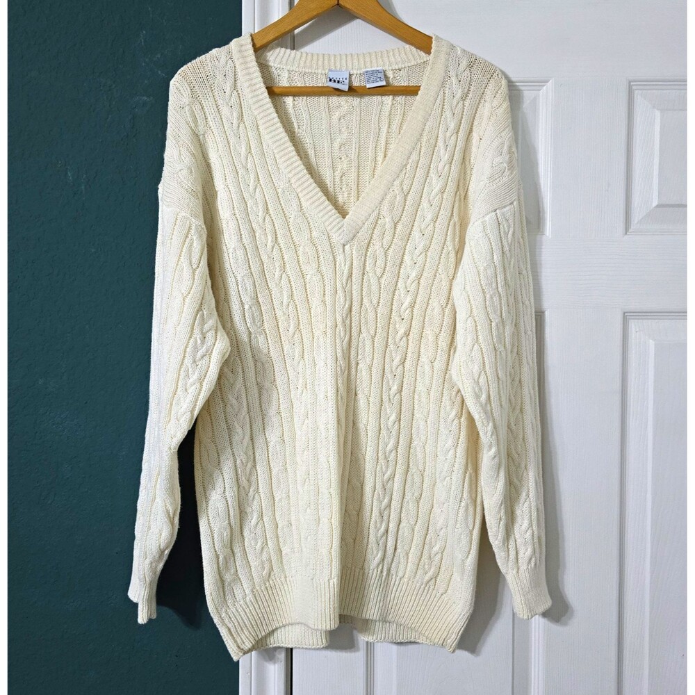 Vintage Petite Be Ivory Cable Knit Sweater Pullover V Neck L Rory Gilmore Chunky